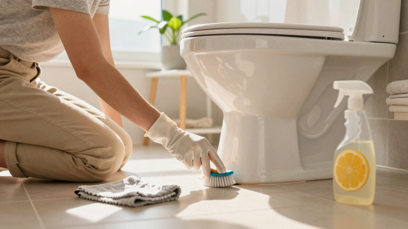 Person wearing gloves scrubbing toilet base with brush on bathroom floor next to cleaning spray bottle and cloth.