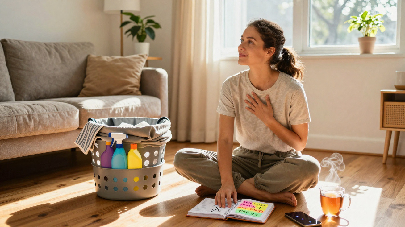 Woman sitting cross-legged on the floor next to laundry basket, with notebook and steaming cup of tea nearby.