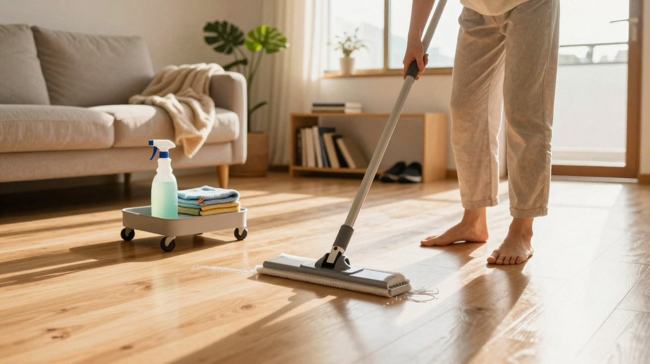 Person mopping a wooden floor barefoot in a sunny living room with cleaning spray and cloths nearby.