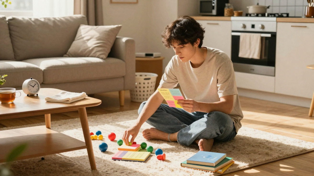 Young person sitting on carpet in living room, organising colourful sticky notes and pom-poms.