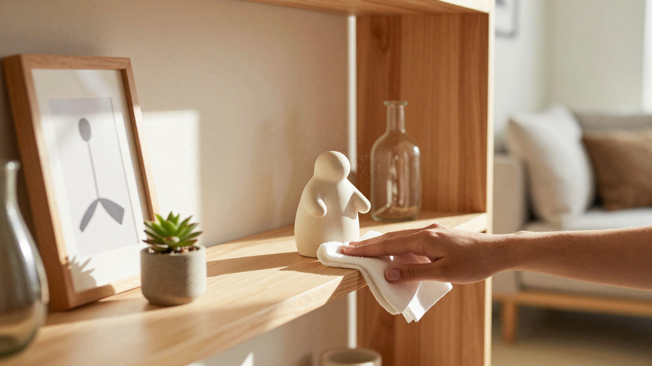 Hand wiping a wooden shelf with a white cloth surrounded by decorative items in a sunlit room.