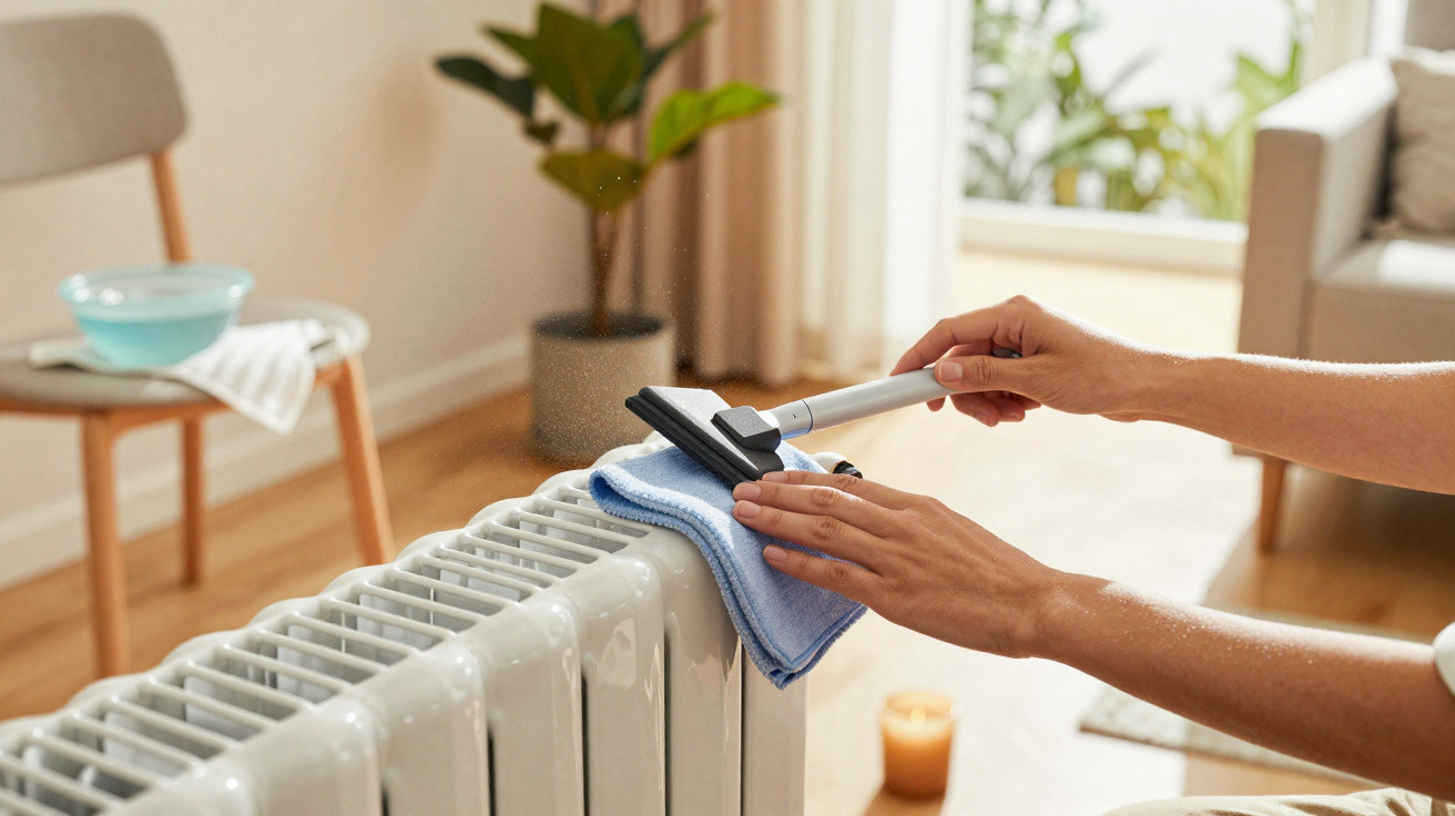 Hands cleaning a white radiator with a blue cloth and brush in a cosy living room.