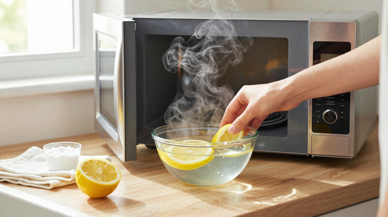 Hand placing lemon slices in a steaming glass bowl of water in front of an open microwave on a kitchen counter.