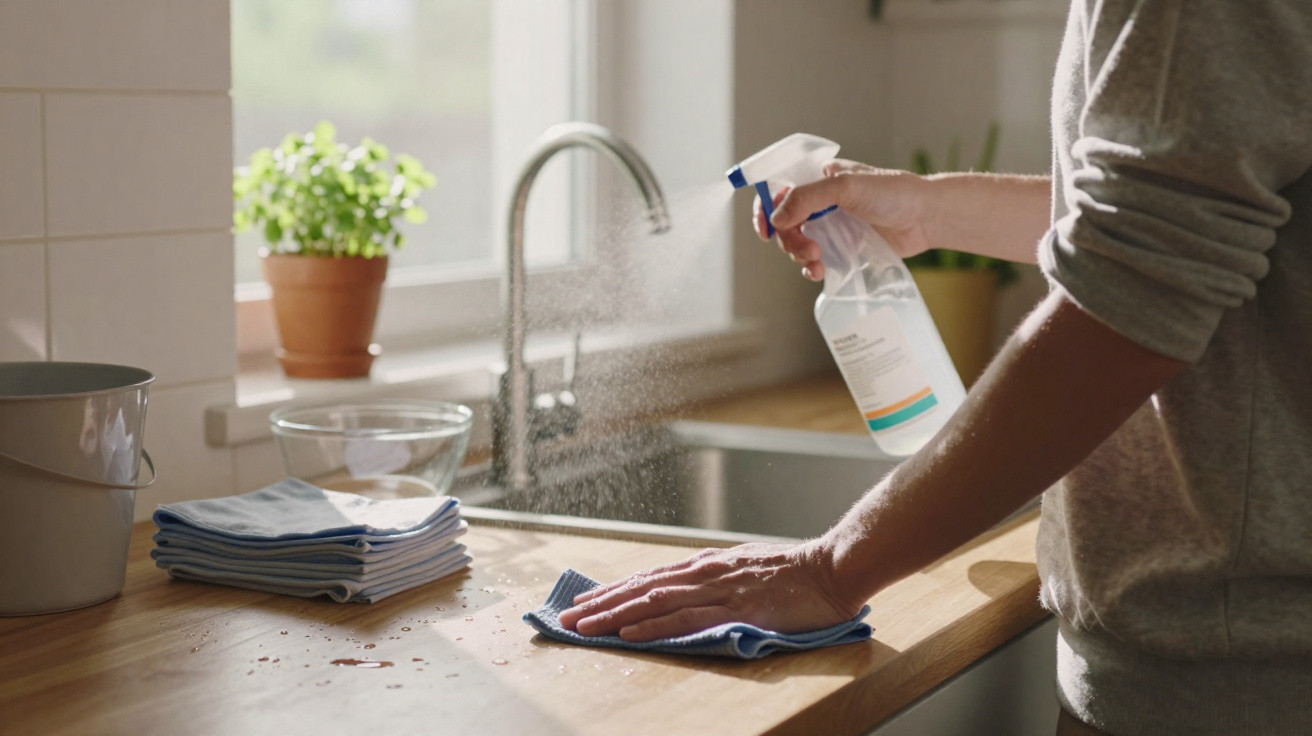 Person spraying cleaner and wiping a wooden kitchen countertop near a window with a potted plant.
