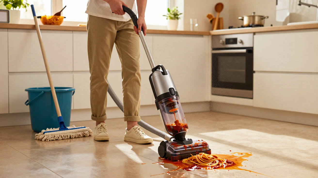 Person vacuuming up spilled spaghetti and tomato sauce on a tiled kitchen floor with mop and bucket nearby.