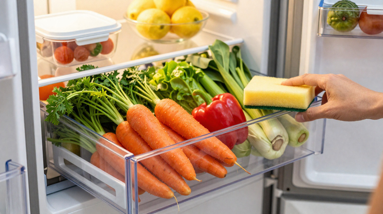 Hand holding a sponge cleaning a fridge drawer filled with carrots, celery, and a red bell pepper.