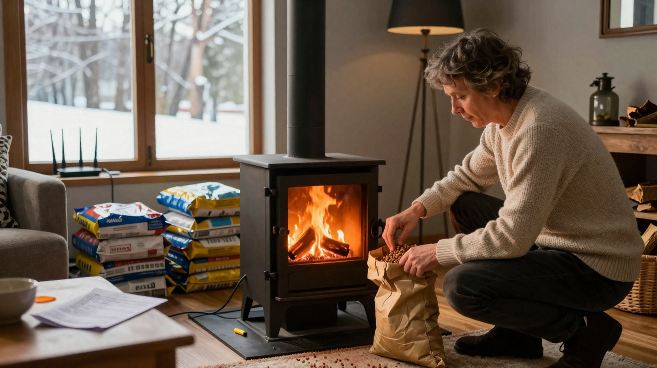 Person adding wood pellets to a lit stove in a cosy living room with snowy window background.