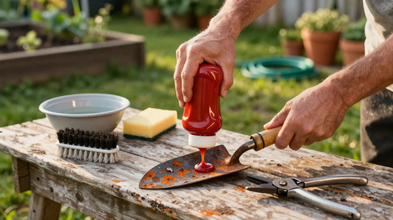 Person squeezing ketchup onto a rusty garden trowel on a weathered wooden table outdoors.
