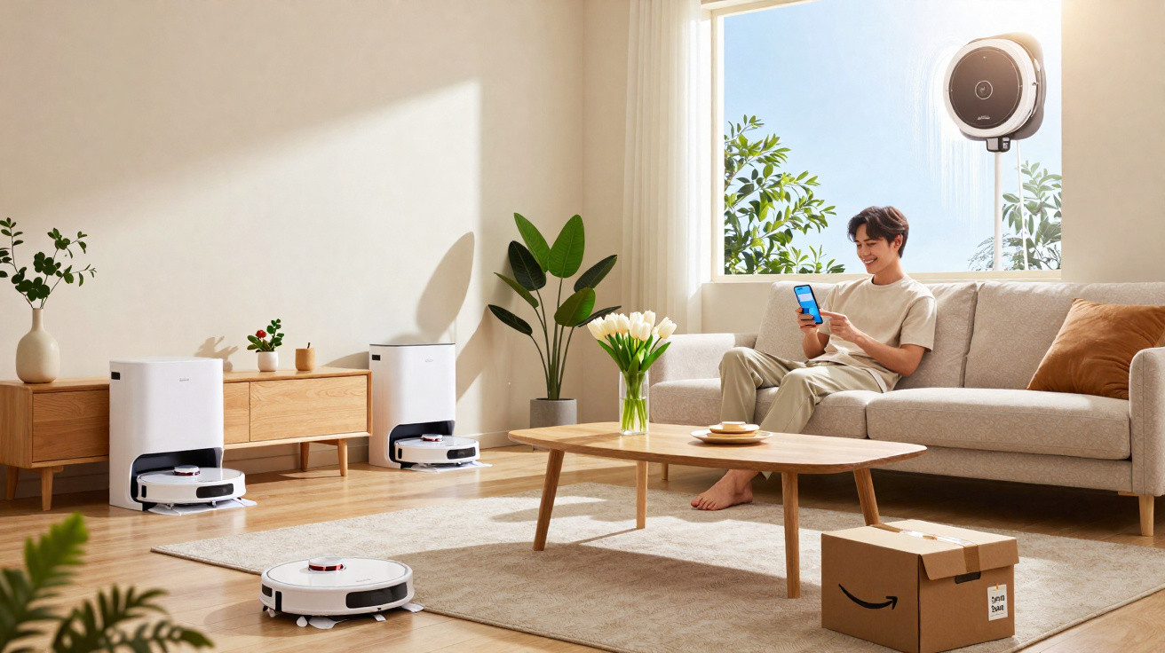 Modern living room with smart robot vacuum cleaners, a man using a smartphone, and plants by a large window.