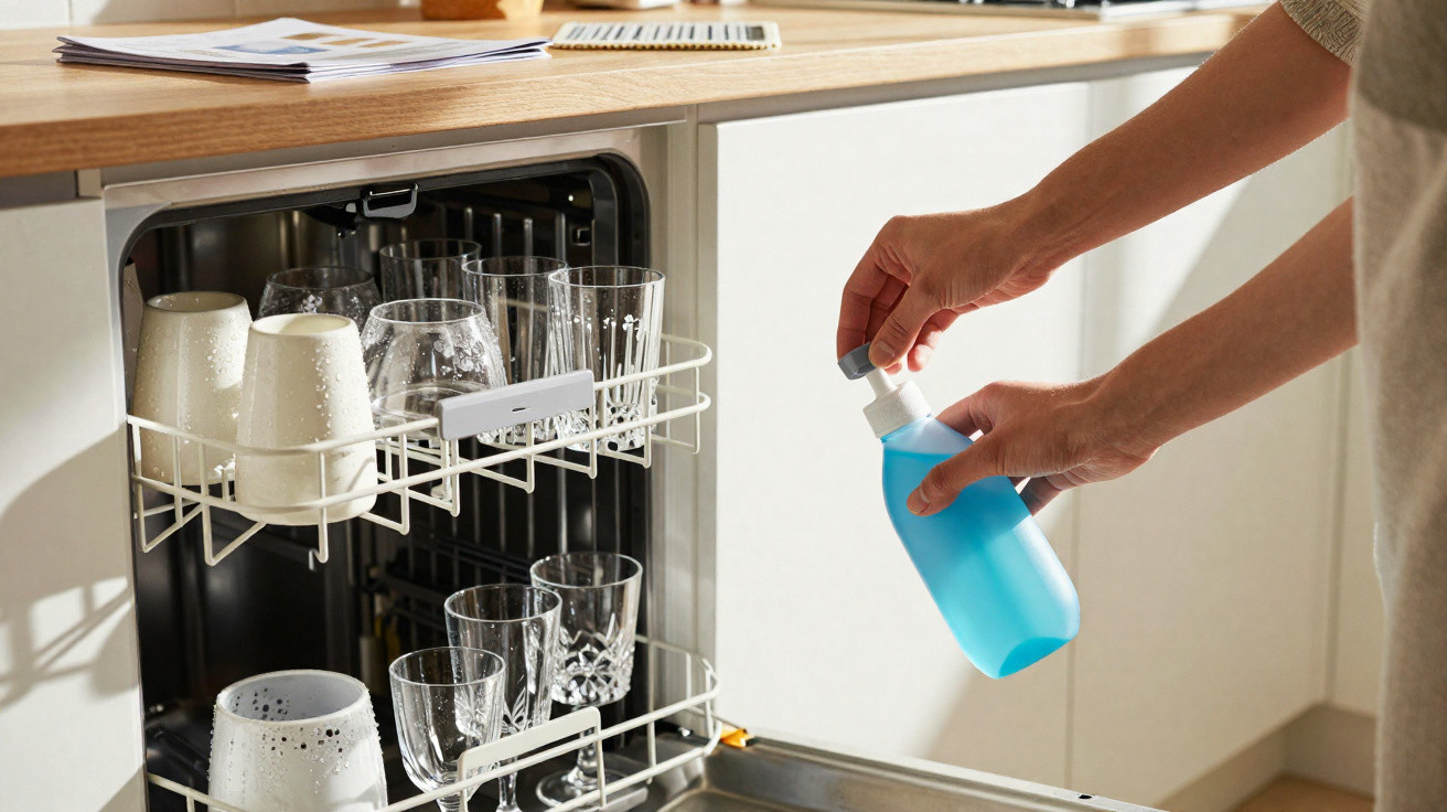 Person pouring blue dishwasher detergent into an open dishwasher filled with glasses and cups in a kitchen.