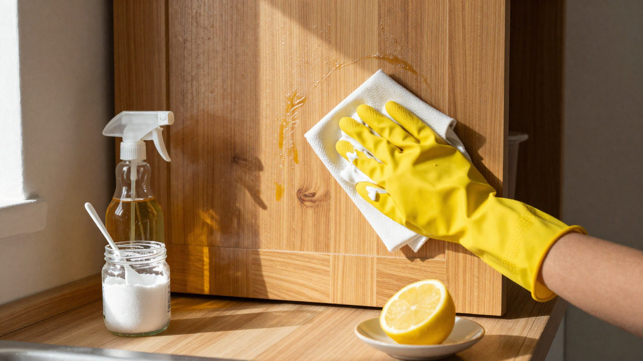Hand in yellow glove wiping wooden cabinet door with cloth, lemon half and cleaning spray on countertop.