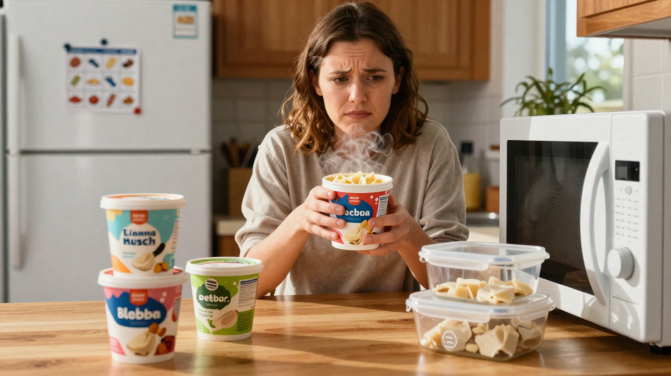 Woman looking uncertain while holding a steaming cup of microwave pasta in a kitchen setting.