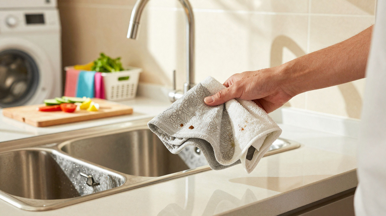 Hand holding two reusable microfiber cleaning cloths over a clean stainless steel double kitchen sink.