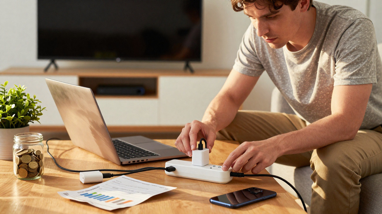 Young man plugging charger into power strip on wooden table with laptop, smartphone, coins jar, and papers.