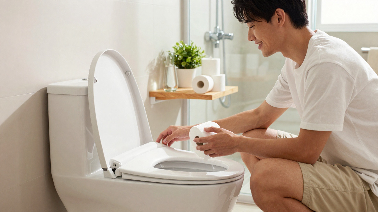 Man smiling while placing toilet paper on a toilet in a bright, modern bathroom with plants and toiletries nearby.