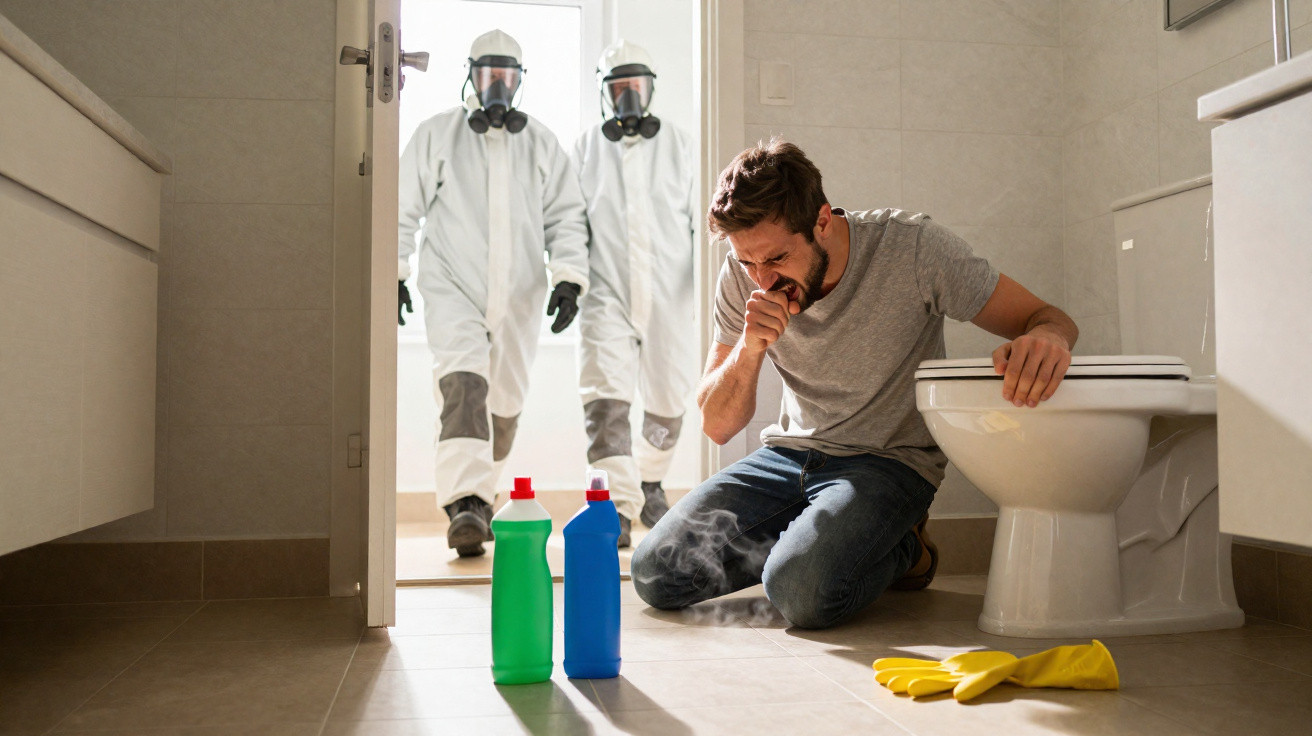 Man coughing near toilet in bathroom while two people in hazmat suits enter through the door