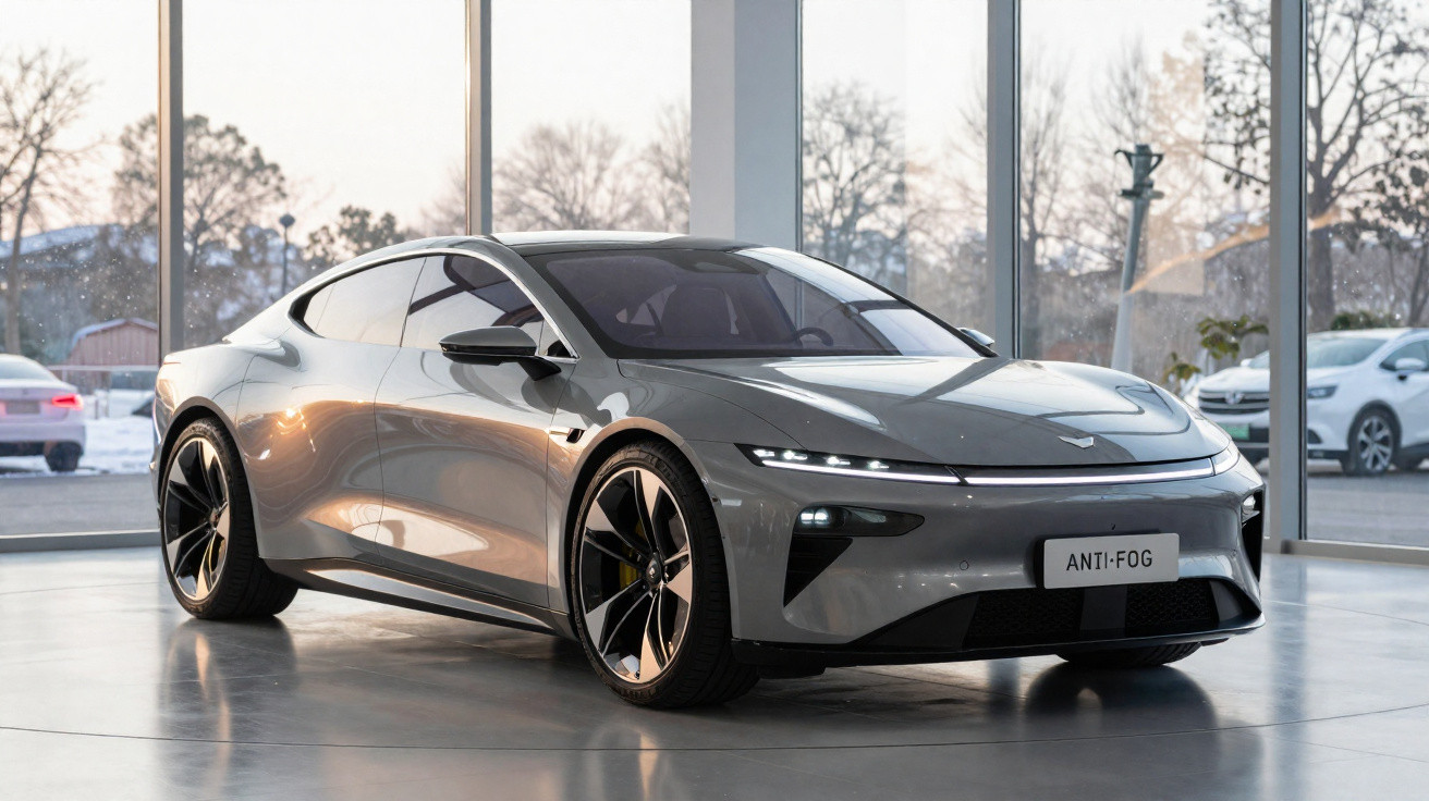 Sleek silver electric sports car displayed indoors with large windows and trees visible outside.
