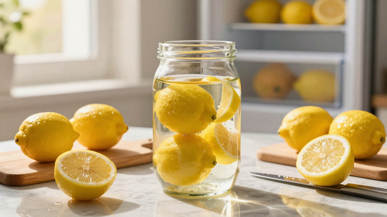 Glass jar filled with water and lemons, whole and halved lemons on wooden boards on a kitchen counter.