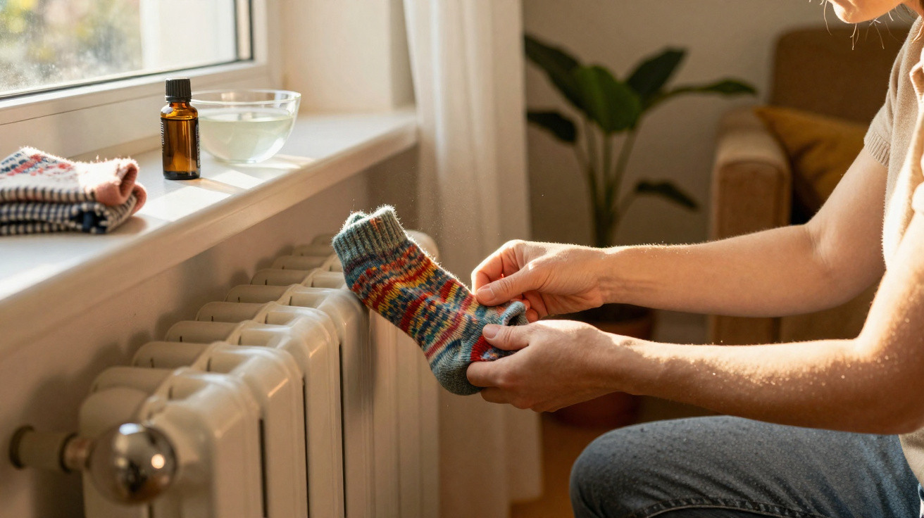 Person drying a knitted sock on a white radiator near a sunny window with essential oil bottle and scarf.