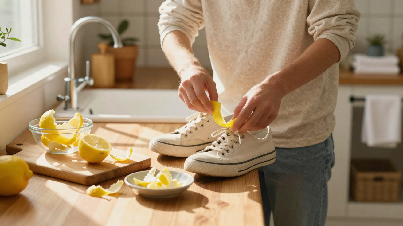 Person cleaning white canvas shoes with lemon peels on a wooden kitchen countertop in daylight.