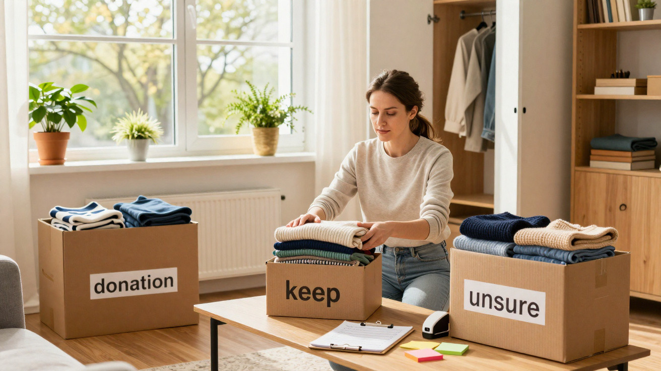 Woman sorting folded clothes into cardboard boxes labelled donation, keep, and unsure in a bright living room.
