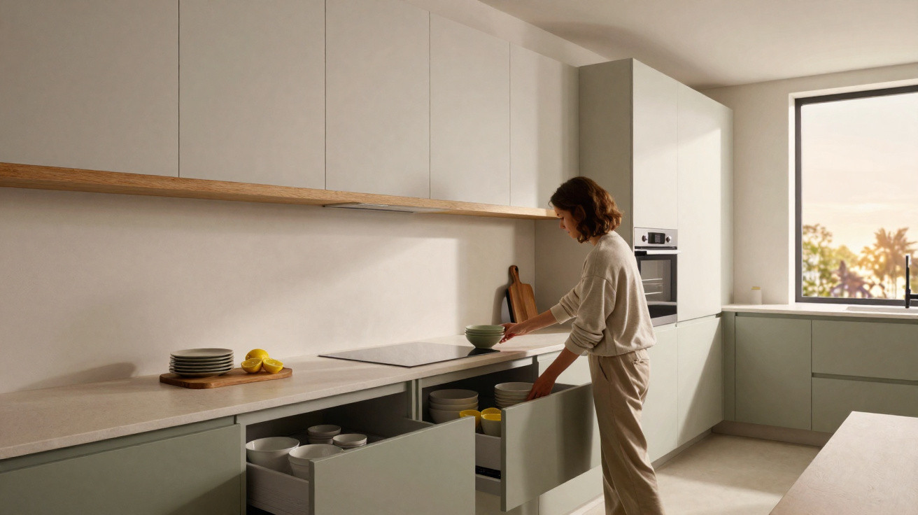 Person organising dishes in open drawers of a modern kitchen with pale green cupboards and natural light.