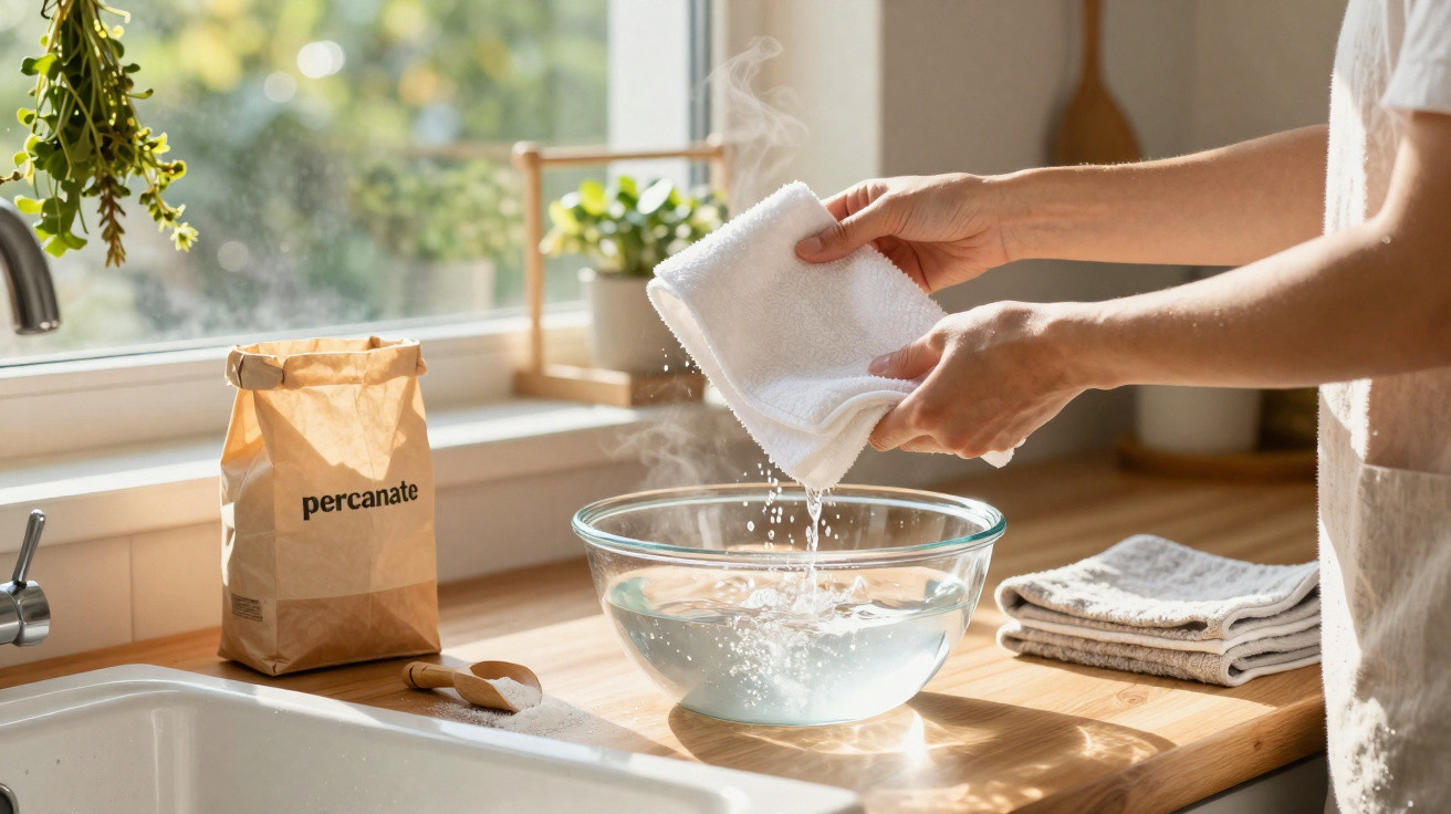 Person rinsing a steaming white cloth over a glass bowl on a wooden countertop in bright kitchen.
