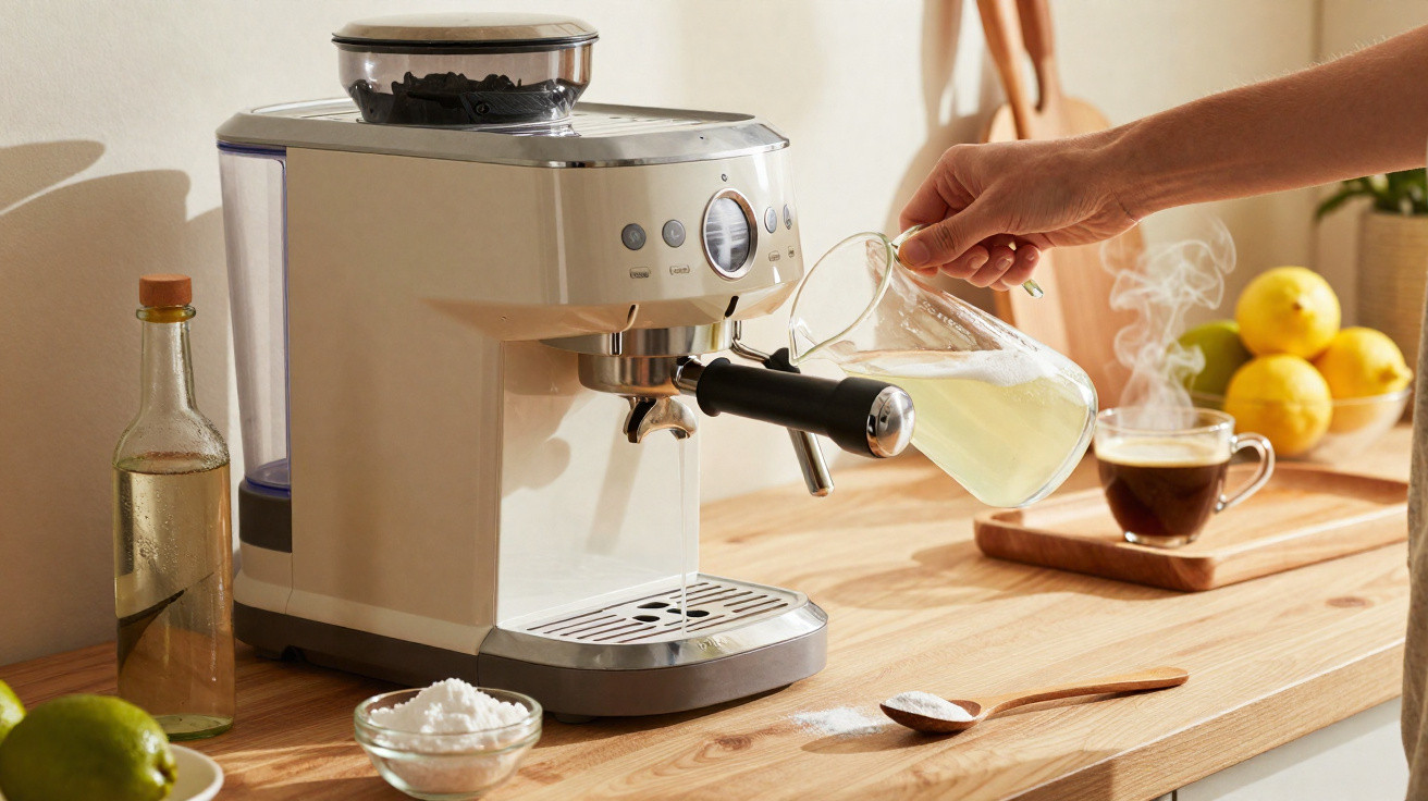 A person pouring milk into an espresso machine on a wooden kitchen countertop with coffee and lemons nearby.