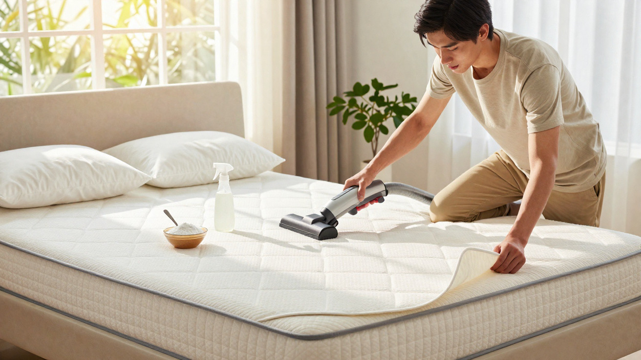 Man vacuuming mattress protector on bed in a bright bedroom with cleaning spray and bowl nearby