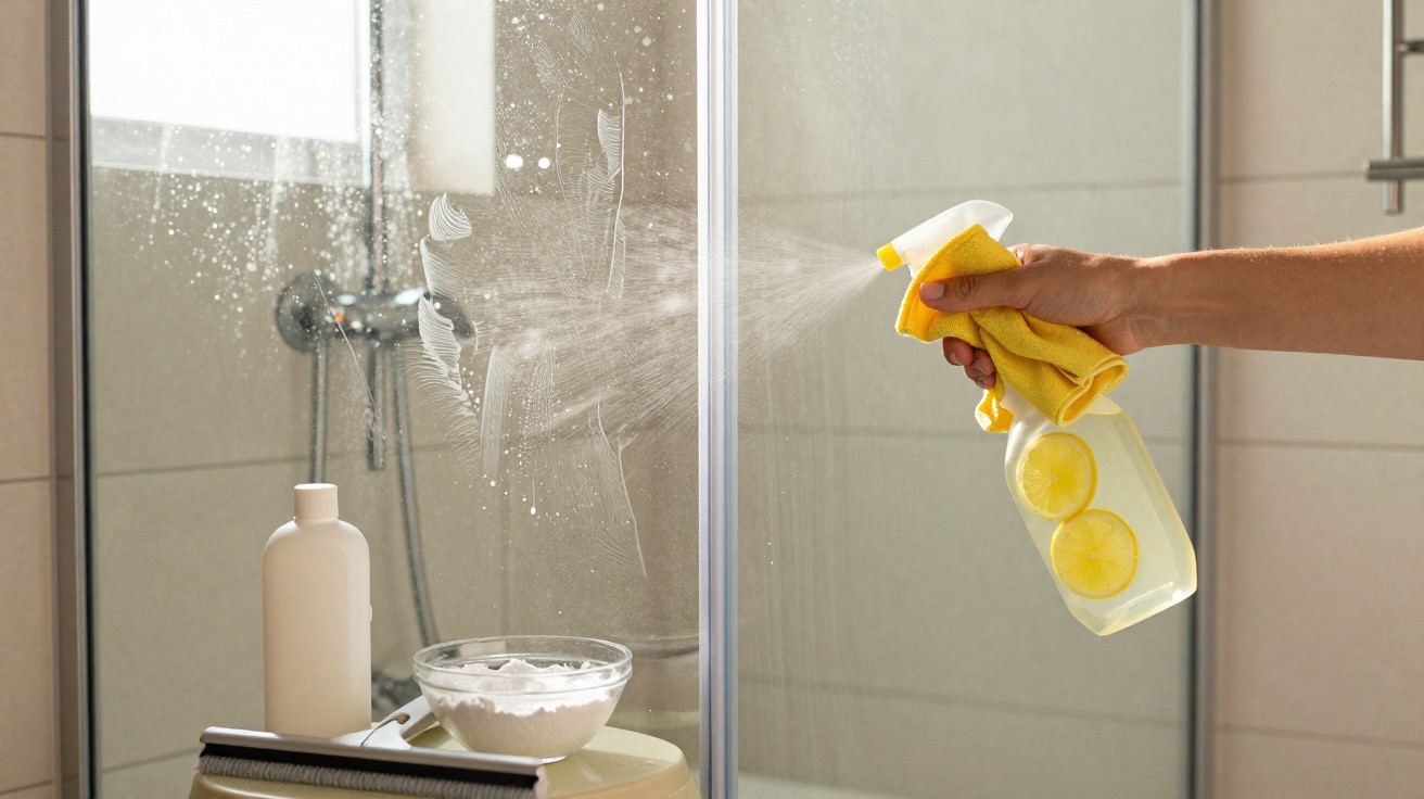 Hand spraying lemon-scented cleaner on a glass shower door with cleaning supplies in bathroom.