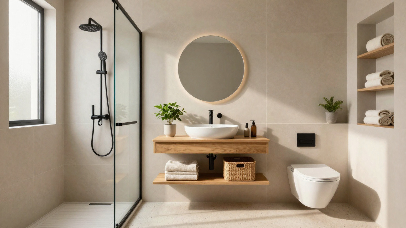 Modern bathroom with walk-in shower, round mirror, floating wooden vanity, and wall-mounted toilet.