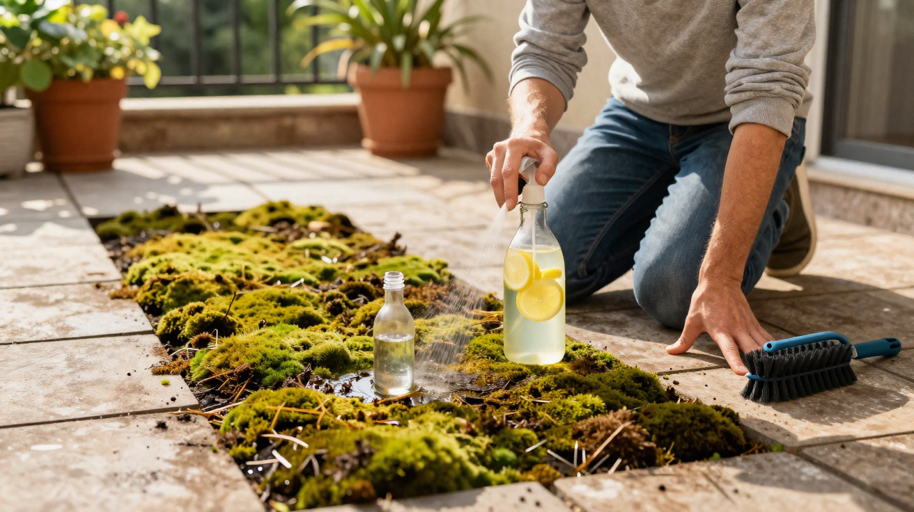 Person spraying lemon water over moss growing between patio tiles on a sunny day with a brush nearby.