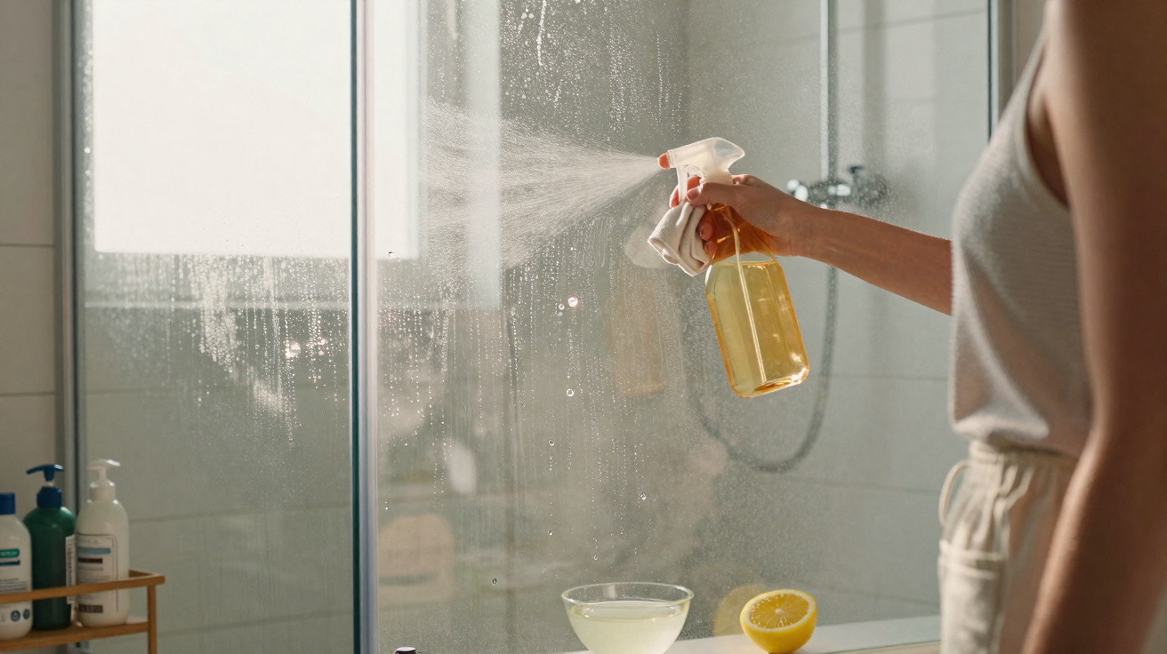 Person spraying cleaning solution on a glass shower door next to a sliced lemon and bowl of liquid.
