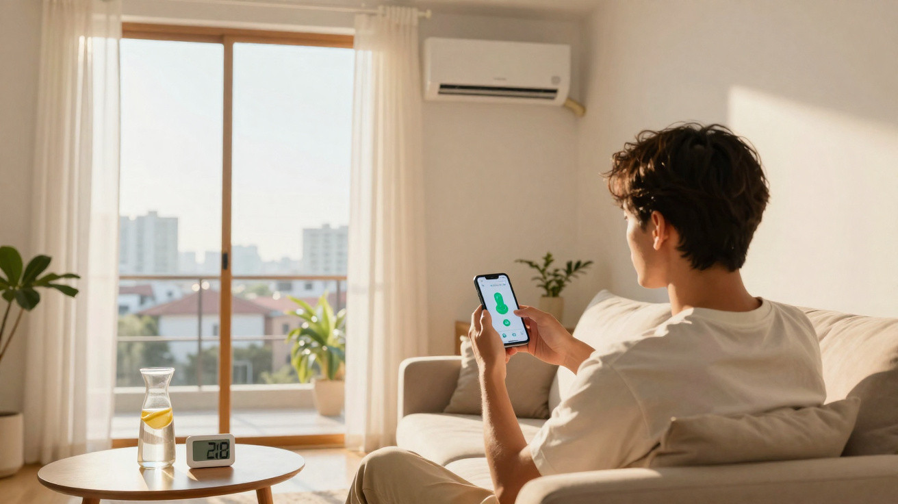 Man sitting on sofa using smartphone to control air conditioner in bright living room with plants and digital thermometer on 