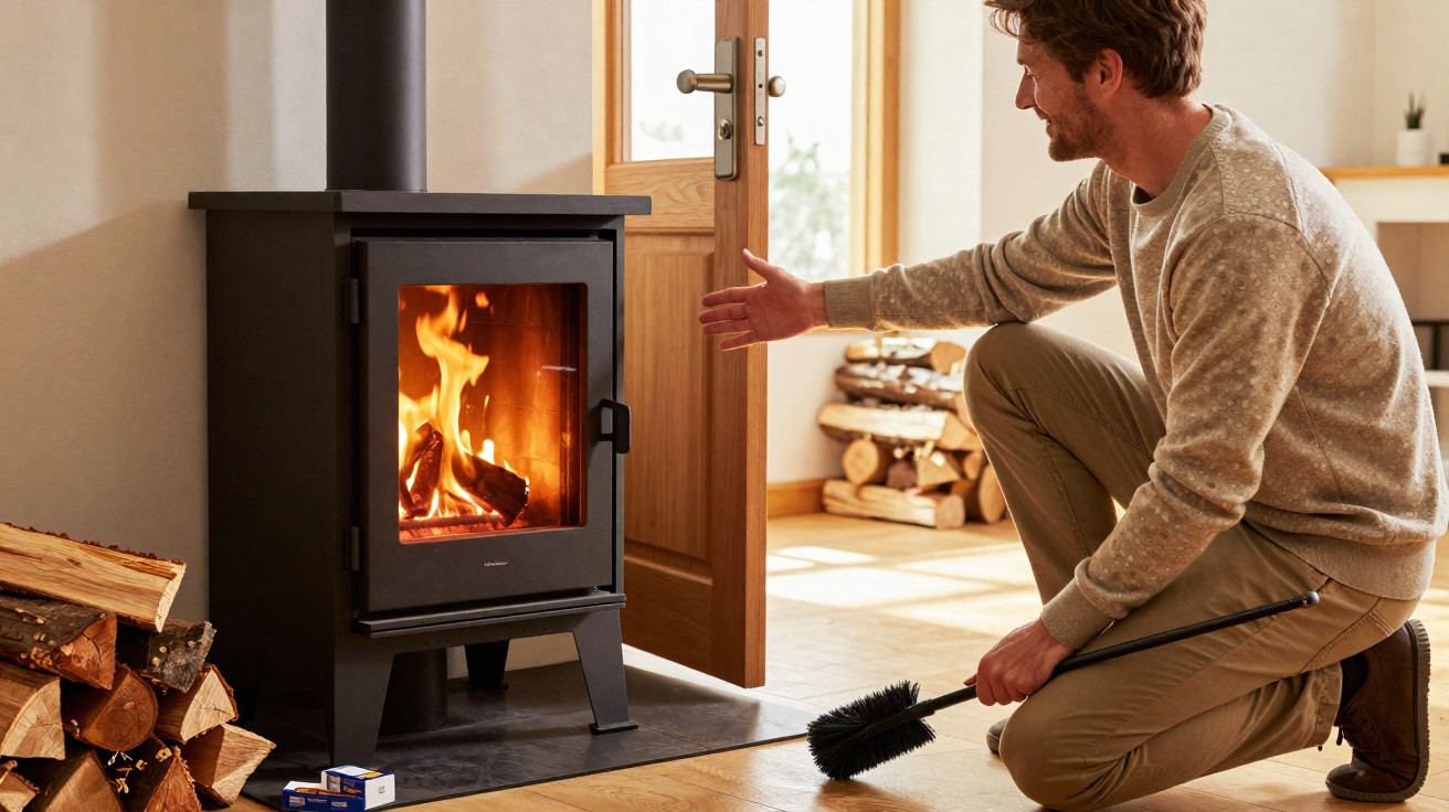 Man kneeling by a lit wood-burning stove with firewood and a cleaning brush in a cosy room.