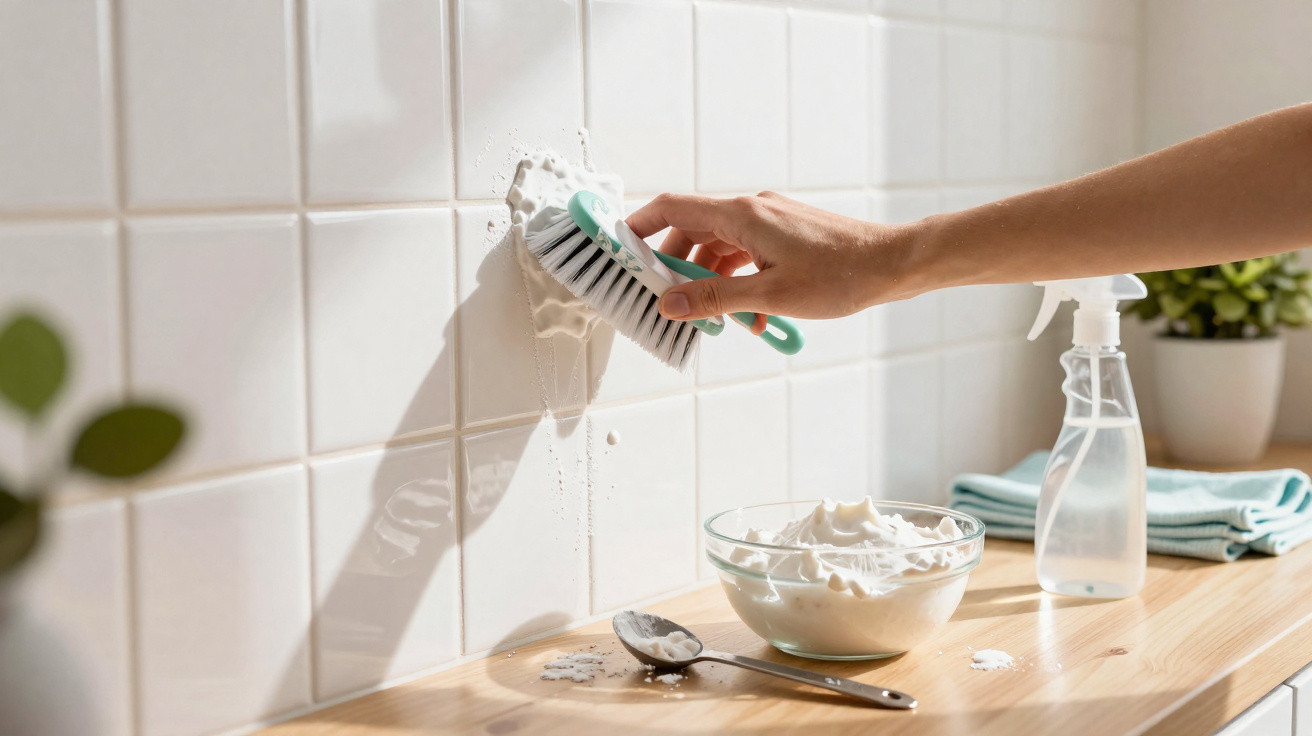 Hand scrubbing white tiled wall with brush and foamy cleaner on wooden countertop with spray bottle nearby.