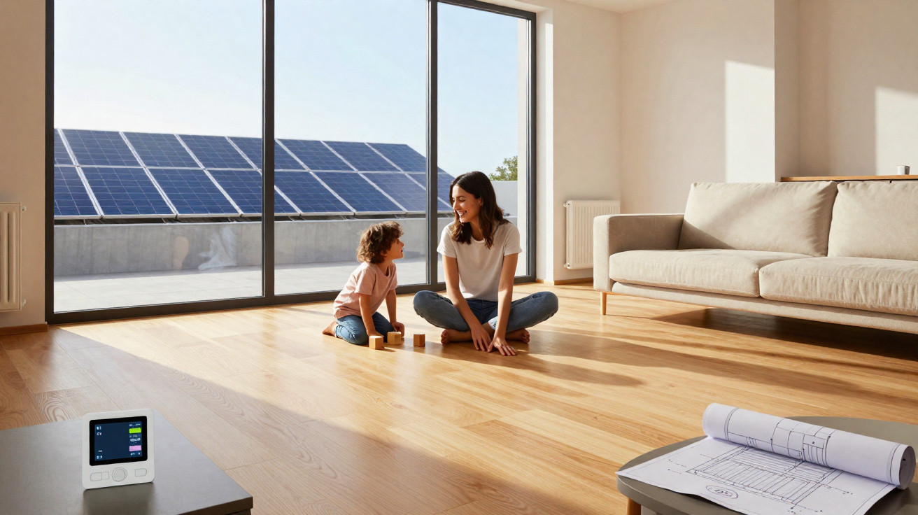 Mother and child playing on wooden floor in sunlit room with solar panels visible outside large windows.