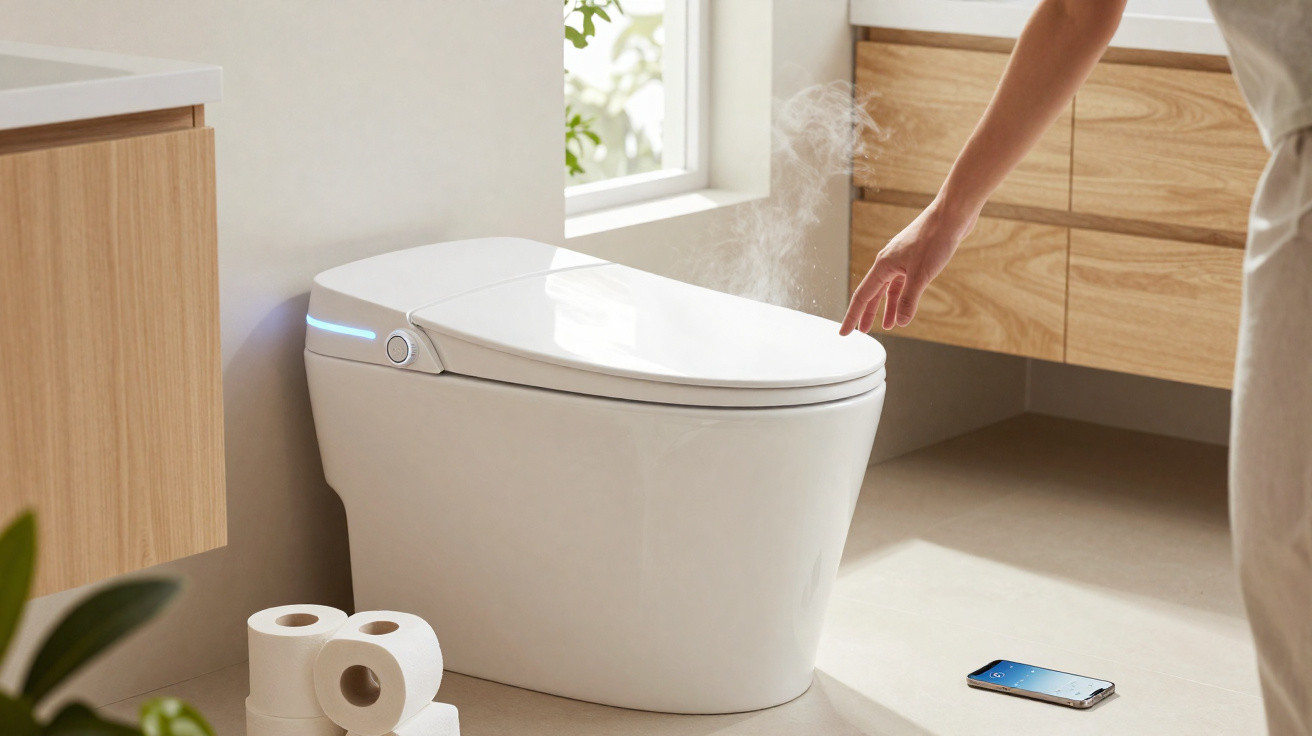 Person activating steam from a modern smart toilet with toilet paper rolls and smartphone nearby in a bright bathroom.