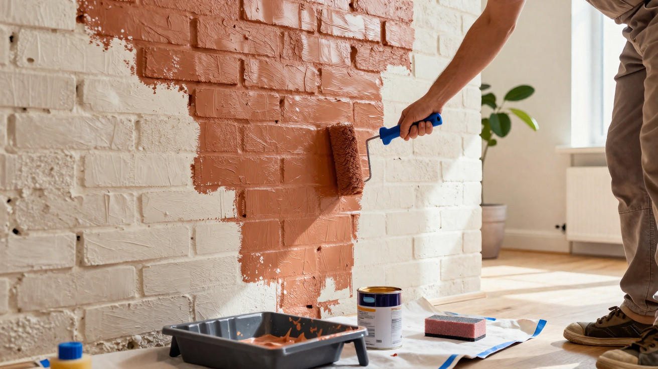 Person painting a white brick wall with terracotta coloured paint using a roller indoors.