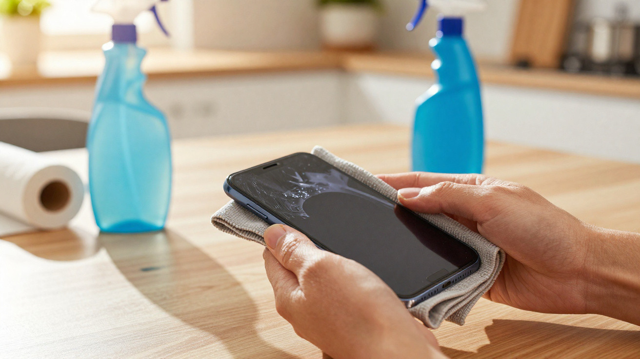 Person cleaning a cracked smartphone screen with a cloth on a wooden table with cleaning spray bottles nearby.