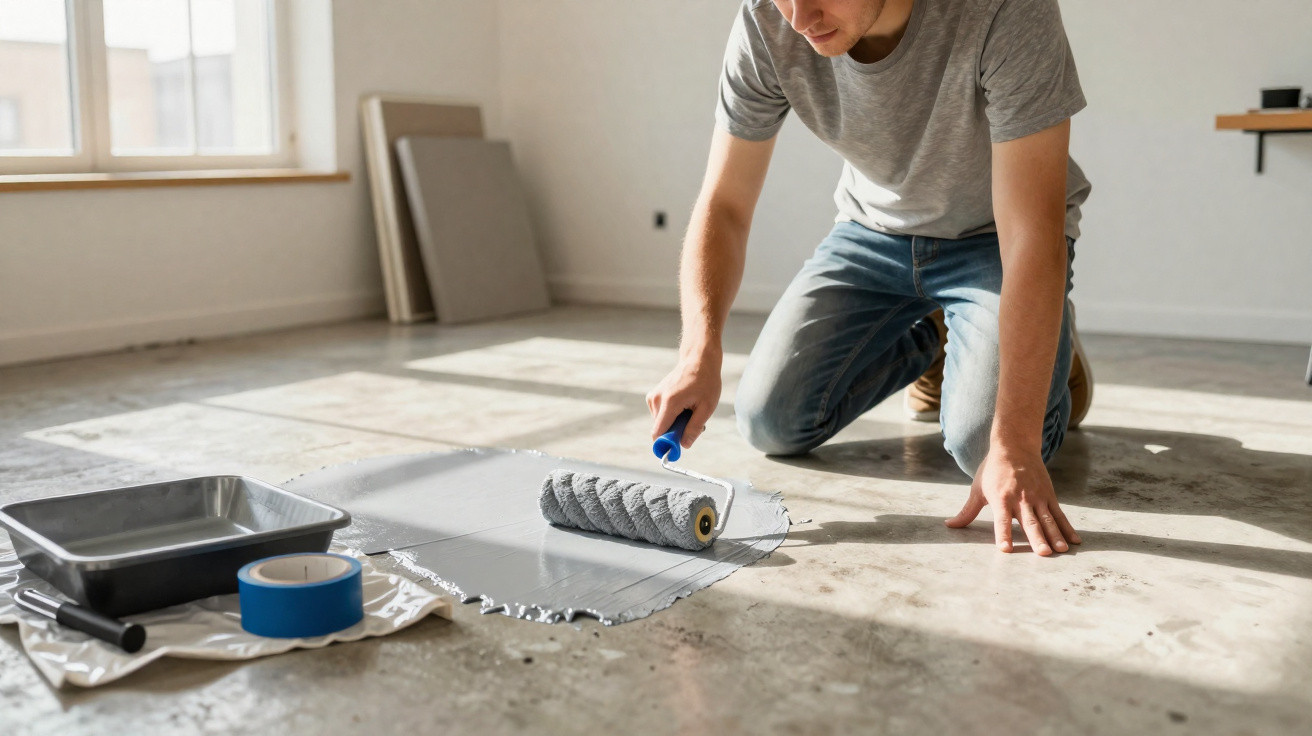 Man kneeling on concrete floor applying grey paint with roller in a minimally furnished room.