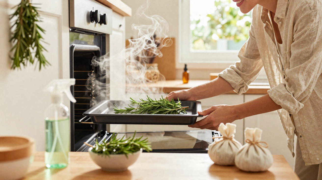 Person placing a steaming baking tray with fresh rosemary into a kitchen oven on a sunny day.