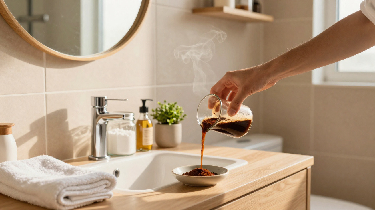 Hand pouring steaming coffee from a glass into a small dish on a wooden bathroom sink countertop.