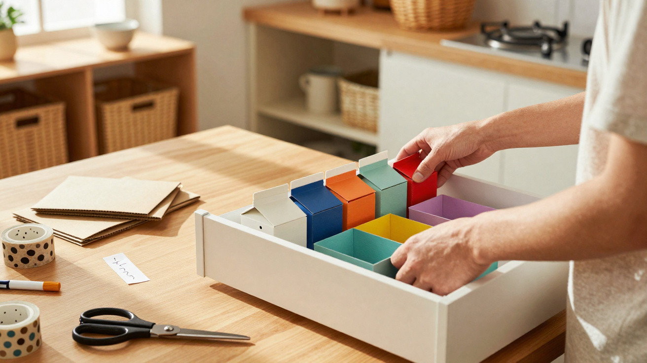 Person organising colourful storage boxes inside a wooden drawer on a light wood table in a bright room.