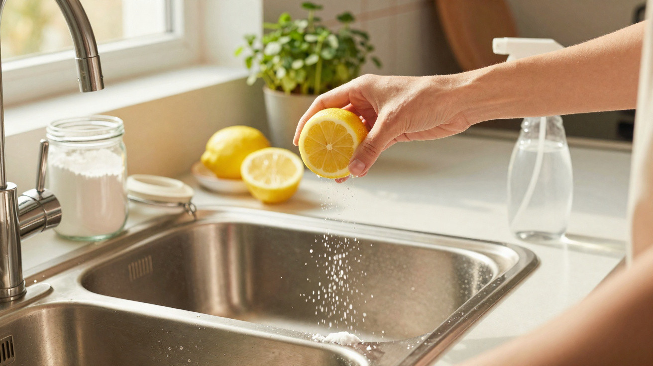 Hand squeezing lemon over kitchen sink with baking soda being sprinkled, plant and cleaning spray in background.