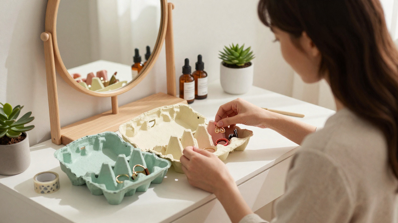 Woman organising jewellery using repurposed egg cartons on a white dressing table with a mirror and plants.