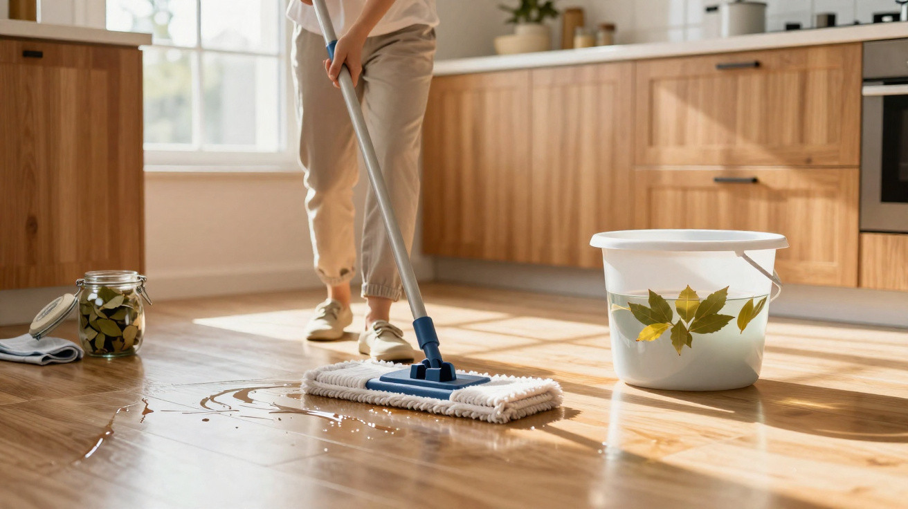 Person mopping light wooden kitchen floor with water bucket and jar of coins nearby in daytime.