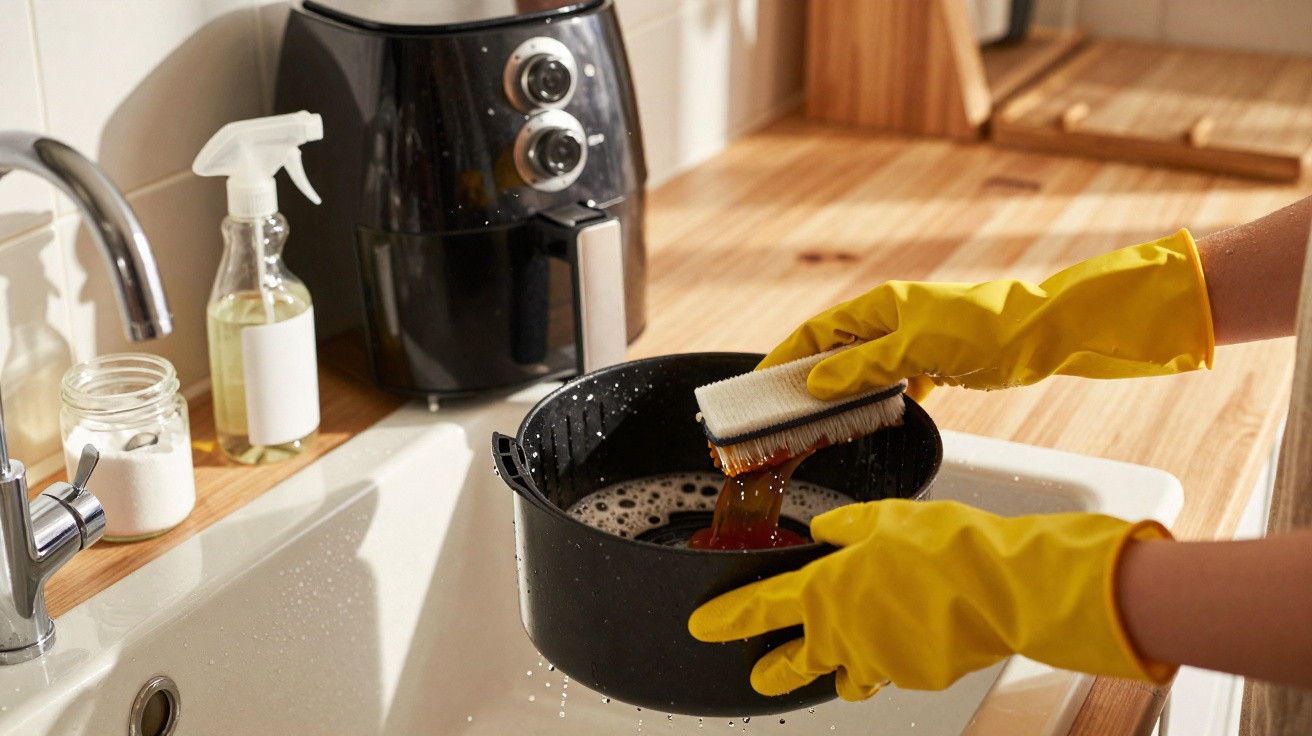 Person wearing yellow gloves cleaning an air fryer basket with a brush over a kitchen sink