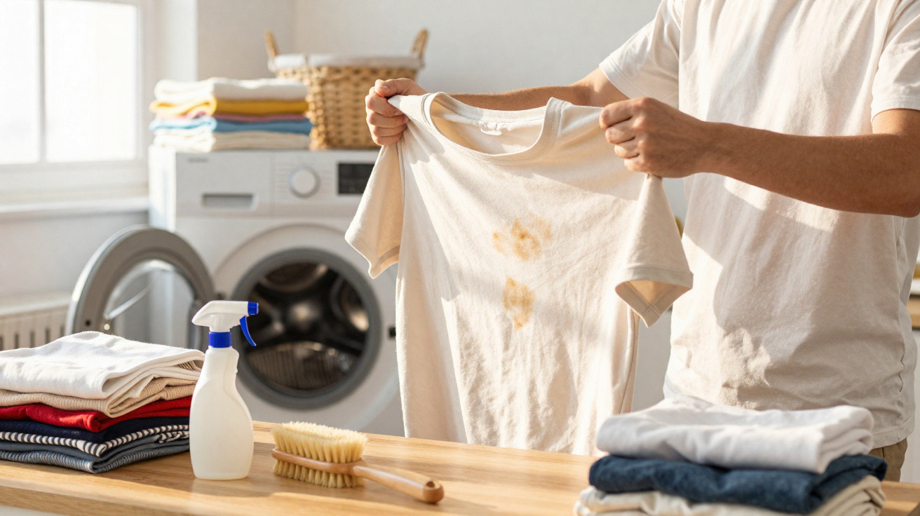 Person holding a stained white t-shirt in a laundry room with cleaning spray and brush on table.