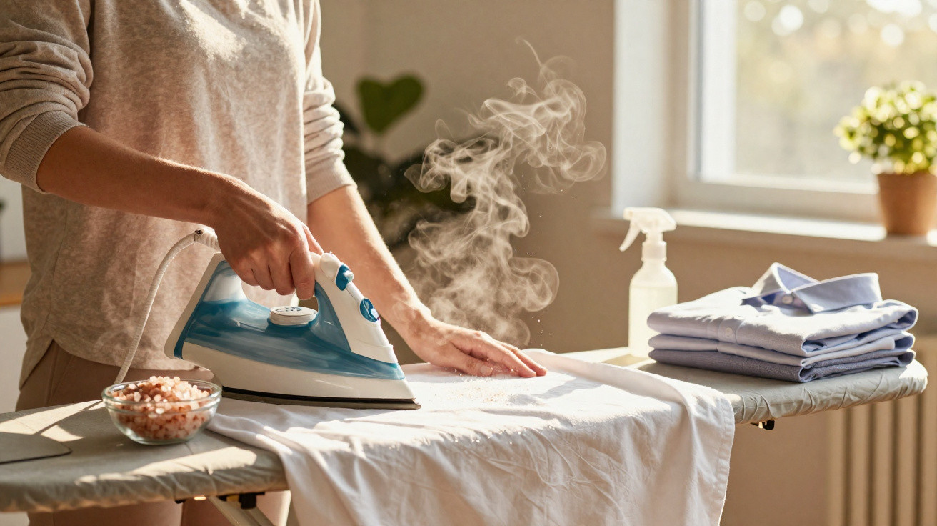 Person ironing a white shirt with a steam iron on an ironing board in a sunlit room.